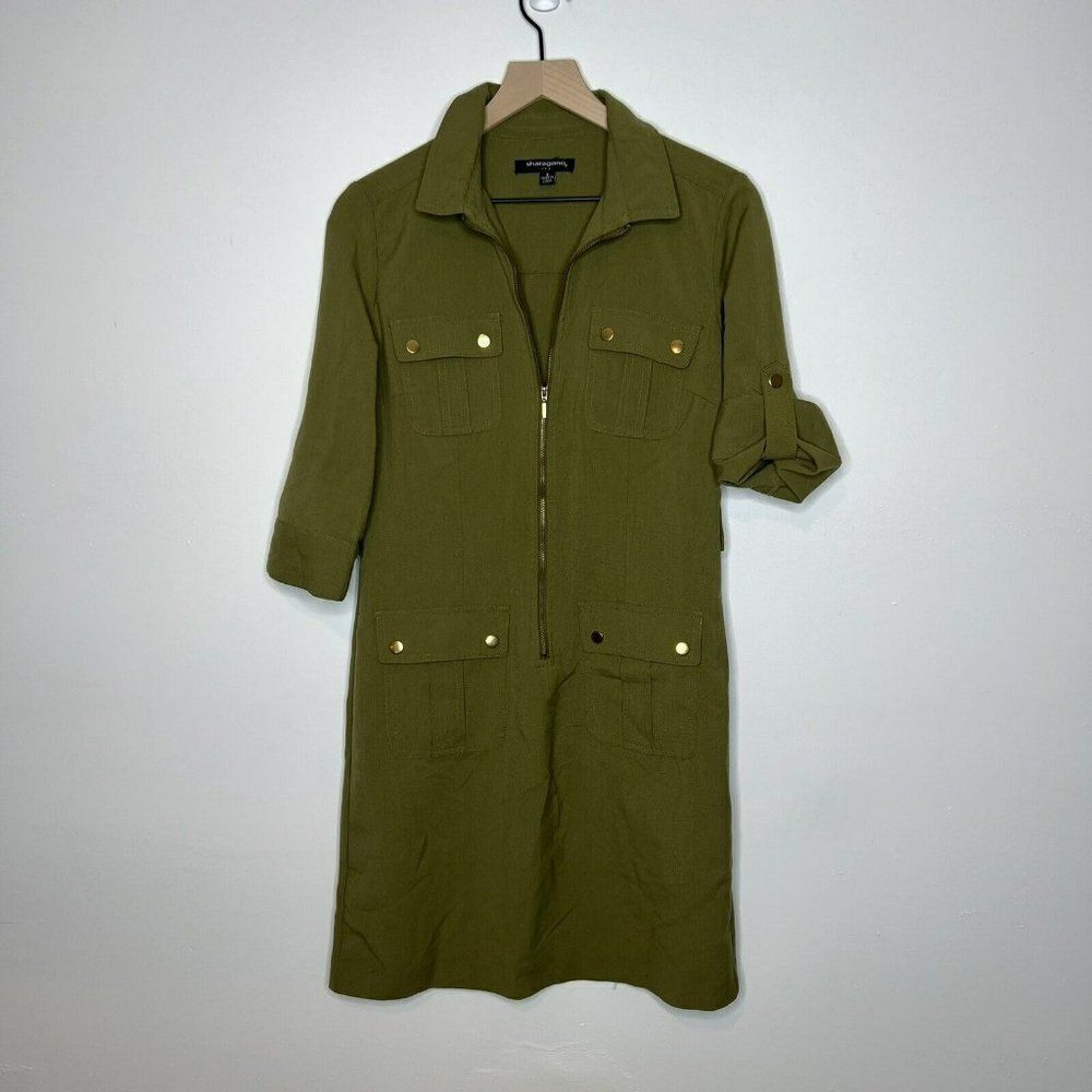 Sharagano Olive Green Dress Size 6 Pockets Roll Tab Sleeves